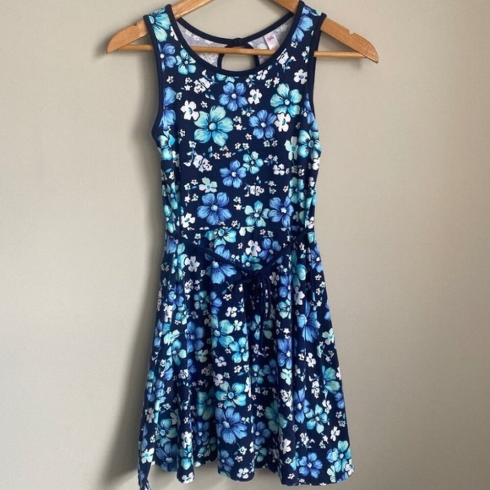Justice Girls Blue Flower Sleeveless Cotton Summer Dress Flared with Tie Girl 16